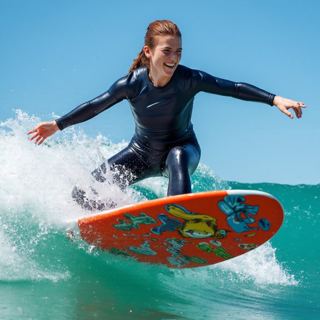 A dynamic close-up action shot of rose_leslie riding a wave. She is wearing a dark blue wetsuit, is captured mid-ride on a vibrant red surfboard adorned with colorful stickers. Her right arm is extended forward, and her left arm is bent at the elbow. The wave behind the surfer is a brilliant turquoise, with white foam splashing around it. The clear blue sky indicates a sunny day. The image captures the thrill and energy of surfing.