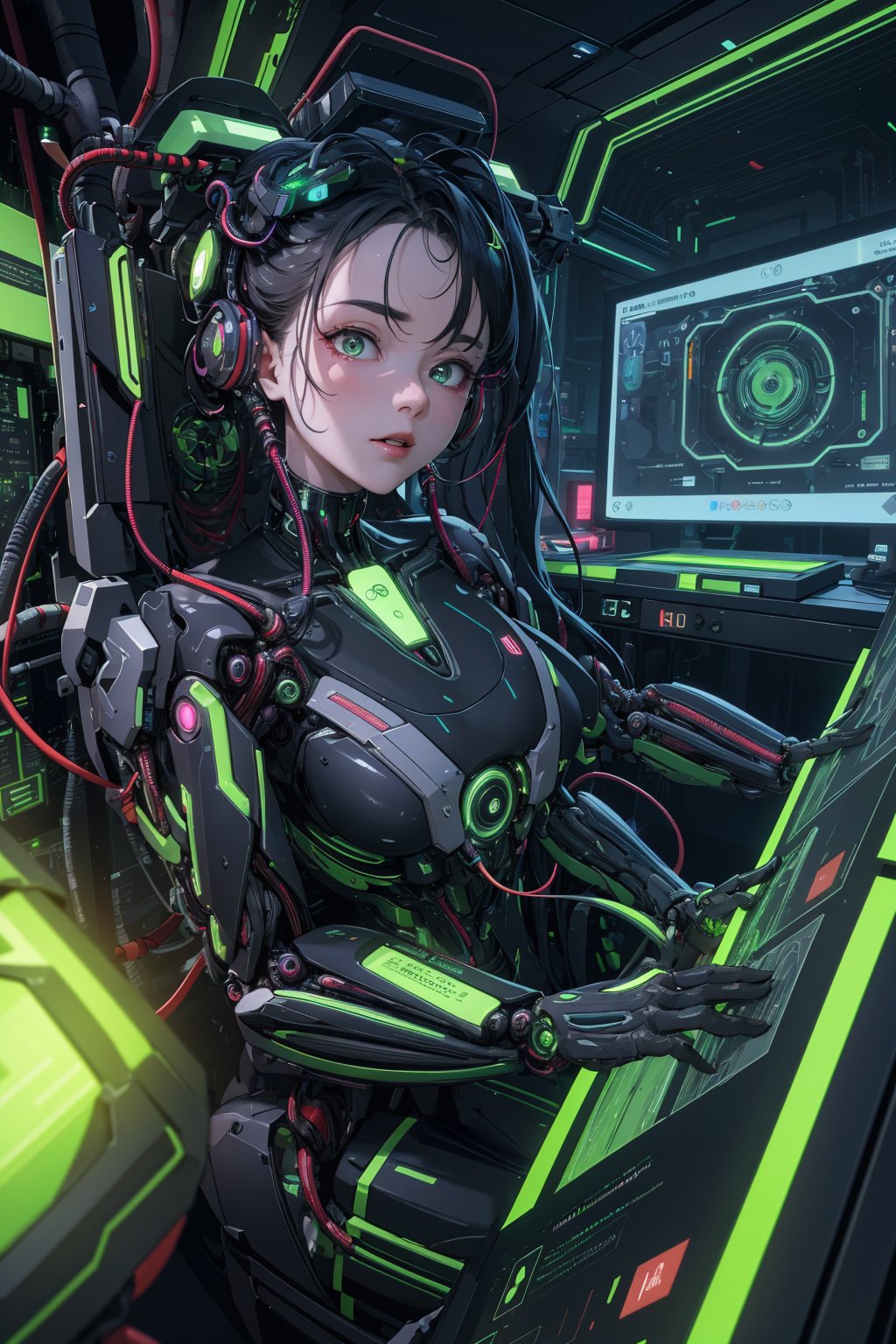 ((masterpiece)), ((best quality)), absurdres, 8k uhd, beautiful colors, insane detail,AI Shodan from System Shock biomechanical green electricity circuits breadboards looking at viewer electrical tubs hair cables plugged in