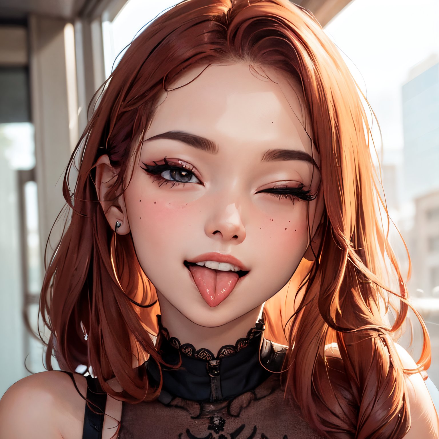 <lora:ddw_v1:0.75>, wink, one eye closed, playful smile, tongue out,, masterpiece, best quality, absurdres, highres, 4k, ray tracing, intricate details, highly detailed, (1girl:perfect face, cute, small breasts, long ginger hair, petite) Highqlb:perfect mouth, makeup screenshot, perfect jaw, good fortune hinge