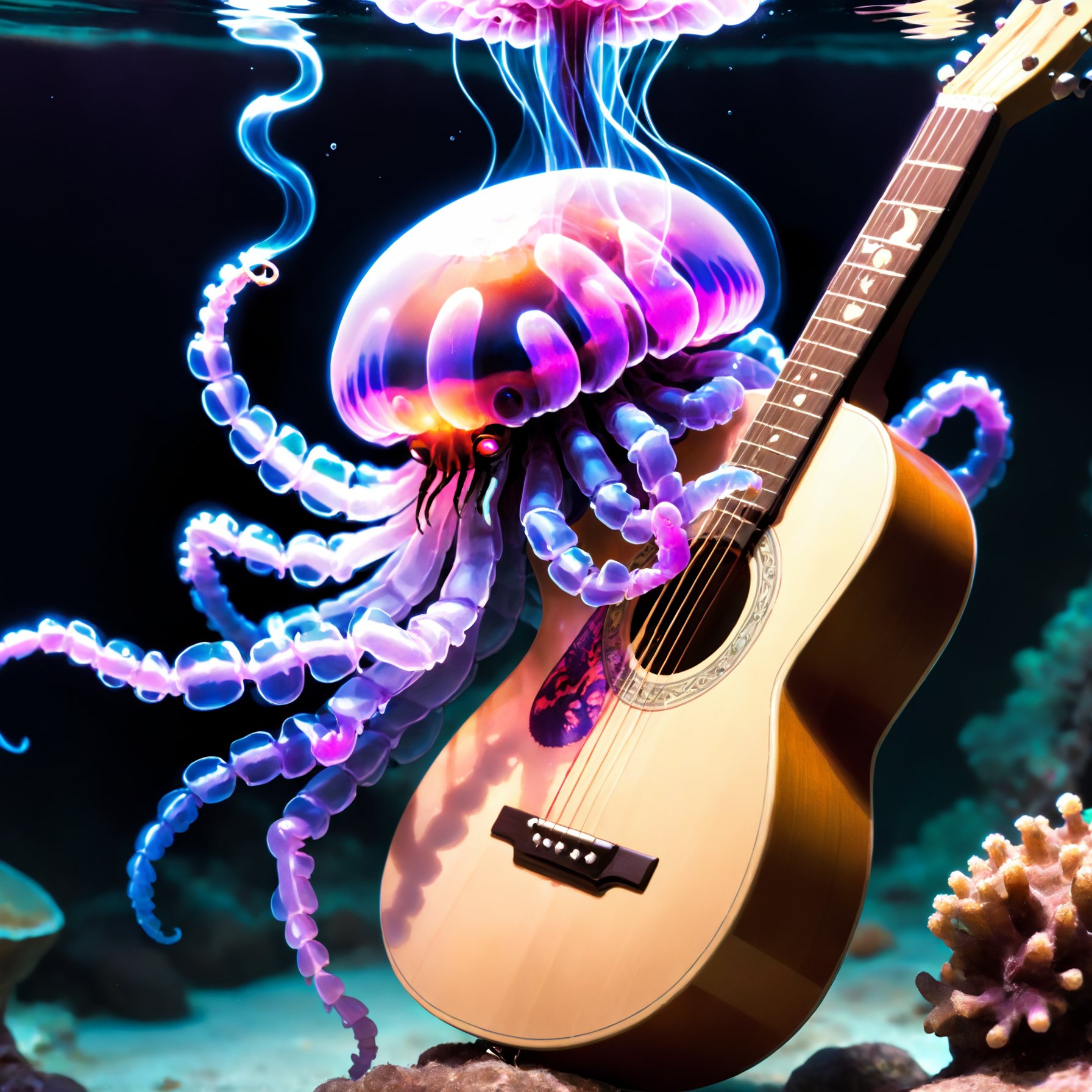 photo of a translucent, purple-glowing jellyfish with the body of a tarantula, playing the guitar and smoking a pipe while underwater.