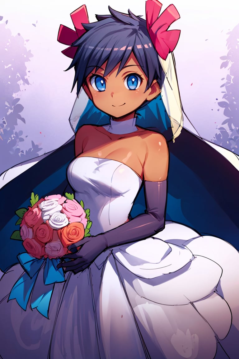 <lora:Bold_CAT:0.6>, <lora:more_details:0.5>((masterpiece,best quality)),<lora:Phoebe_Pokemon:0.8>, Phoebe_Pokemon,  blue eyes,  dark skin,  solo, smiling, looking at viewer, cowboy shot,  bride, wedding dress, bridal veil, strapless dress, elbow gloves,  holding bouquet, 