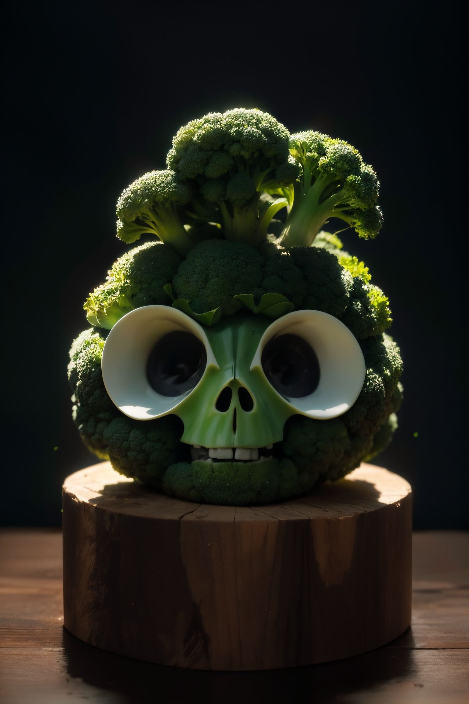 (8k, Best quality, Masterpiece),(photography:1.3),(RAW photo:1.3),human skull made of broccoli,dark background,backlight,(kawaii,chibi:1.1),