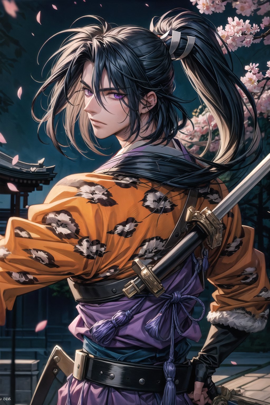 (masterpiece, best quality:1.3), 8k resolution, digital illustration, 3d, original, 2d, traditional media, cinematic, ultra-detailed portrait, hyperdetailed, (deep depth of field:1.3), y0rihisa, 1boy, bishounen, samurai, manly, male focus, (leopard print), Japanese clothes, belt, fingerless gloves, cowboy shot, fighting stance, (holding sword:1.3), japanese architecture, warrmth, detailed face, focus, glaring, from behind, looking back, handsome, manga cover, purple hair, purple eyes, hair intakes, high ponytail, sideways glance, soft lighting, floating hair, fingerless gloves, dynamic posture, volumetric lighting, bloom, petals, cherry_blossoms, (extremely detailed), intricate details<lora:EMS-179-EMS:0.200000>, <lora:EMS-91280-EMS:0.300000>, <lora:EMS-365546-EMS:0.900000>, <lora:EMS-3262-EMS:0.400000>