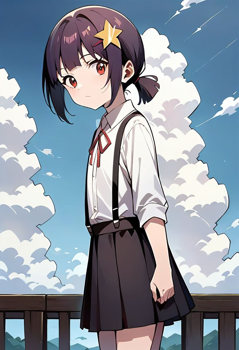 score_9, score_8_up, score_7_up, source_anime, rating_safe, masterpiece, 1girl, komekko, red eyes, petite, dress shirt, suspender skirt, red ribbon, facing looking at viewer, sky, cowboy shot, +_+, blue sky, clouds,