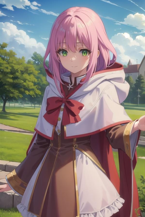 nornclatalissajioral, <lora:norn clatalissa jioral s1-lora-nochekaiser:1>,norn clatalissa jioral, long hair, hair between eyes, (green eyes:1.5), pink hair, smile,BREAK long sleeves, dress, bow, red bow, hood, robe, white robe,BREAK outdoors, forest, nature, grass, trees, sun, sky, clouds,BREAK looking at viewer, (cowboy shot:1.5),BREAK <lyco:GoodHands-beta2:1>, (masterpiece:1.2), best quality, high resolution, unity 8k wallpaper, (illustration:0.8), (beautiful detailed eyes:1.6), extremely detailed face, perfect lighting, extremely detailed CG, (perfect hands, perfect anatomy),