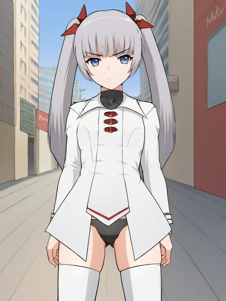 <lora:miamgbpony:1>,score_9, score_8_up, score_7_up, 1girl, solo, miamgb, grey hair, twintails, hair ornament, blue eyes, magical girl, underwear, thigh boots, standing, looking at viewer, outdoors, streets, cowboy shot, serious, annoyed, looking away