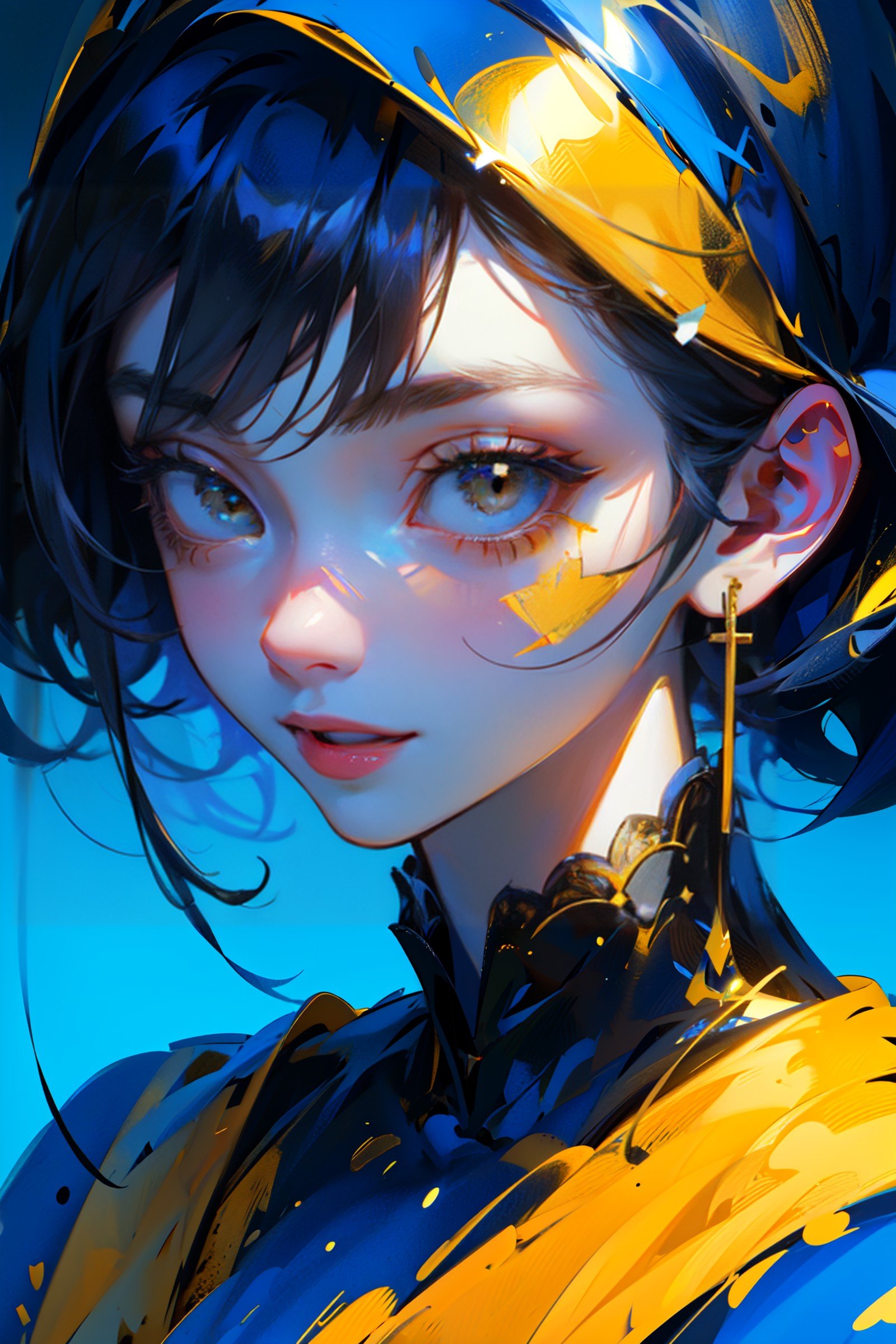 ((best quality, masterpiece, absurdres, super-resolution)) 1girl, eye liner, portrait, blue, yellow ,<lora:PRIMARY-CORE_v1.0:1>