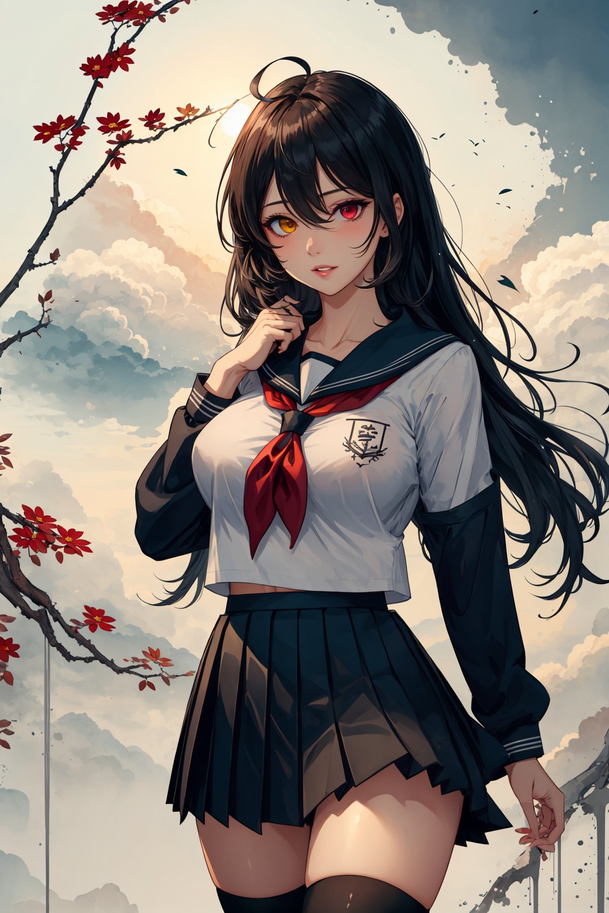 1girl, solo, mature face, mature female, erotic, parted lips, abstract, flower, leaf, whitework, black hair, ahoge, large firm breast, heterochromia, yellow and red eyes, glowing eyes, long hair, hair between eyes, sidelocks, hair flaps, school uniform, serafuku, sailor collar, neckerchief, pleated skirt, thighhighs, school, day, clouds, <lora:Ink scenery:0.8>