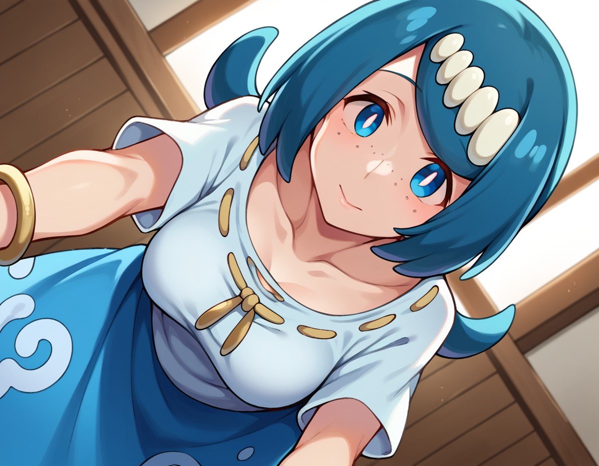 score_9, score_8_up, score_7_up, source_anime,pokemonmotherlana, <lora:pokemon-mother-lana-ponyxl-lora-nochekaiser:1>pokemonmotherlana, blue eyes, blue hair, freckles, hair ornament, long hair, swept bangs, bright pupils,blouse, blue skirt, bracelet, collarbone, dress, jewelry, long skirt, shirt, short sleeves, skirt, white shirt,indoors, bent over,looking at viewer, cowboy shot, dutch angle,