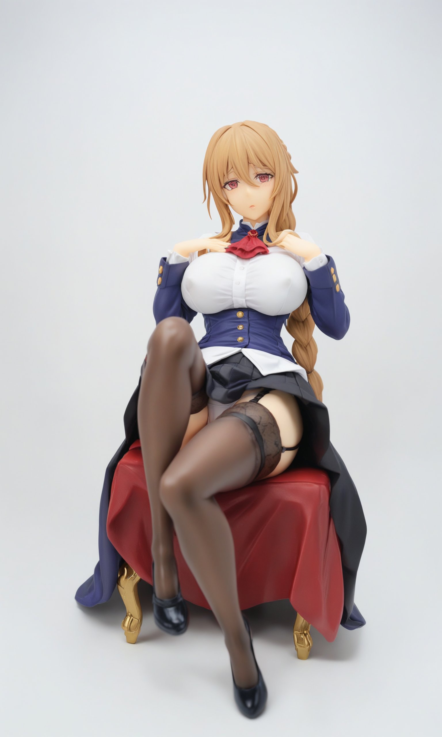 figure,masterpiece,best quality,<lora:guild_girl:0.8>,single_braid, commentary_request, pantyshot, large_breasts, black_thighhighs, crossed_legs, sitting, solo, shrugging, 1girl, uniform, highres, white_panties, ascot, looking_at_viewer, guild_girl_\(goblin_slayer!\), black_skirt, garter_straps, head_tilt