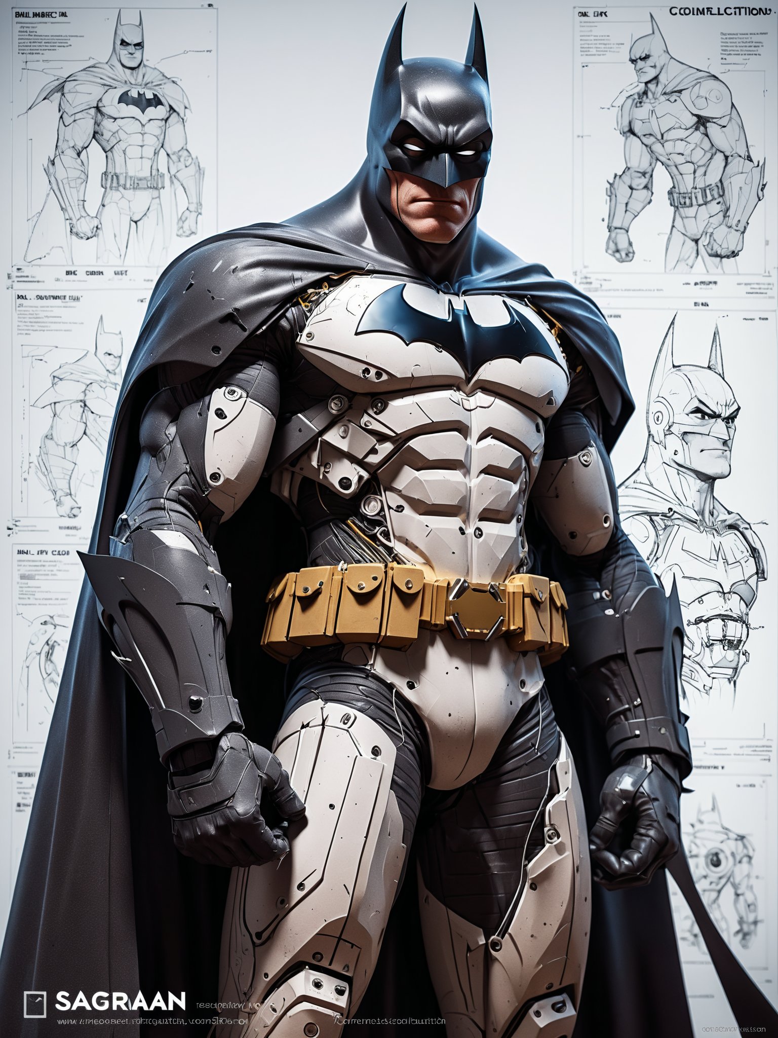 poster of a mechanical dc comics character batman, by sagrav technical Schematics viewed from front and side view on light white blueprint paper, Illustration drafting style, illustration, typography, conceptual art, dark fantasy, steampunk, 3d render, dark fantasy, cinematic, "Batman" "DC Comics", cinematic, dark fantasy, 3d render, epic action, Unreal Engine, cinematic award winning artwork, many details, extreme detailed, full of details,Wide range of colors., dramatic, Dynamic,Cinematic,Sharp details, Insane quality. Insane resolution. Insane details. Masterpiece. 32k resolution. casting shadow style, cucoloris patterned illumination,  dvr-lnds-sdxl, ral-dissolve, ral-ertmsphr, ral-porcelain, ral-pxlprtcl, Niji, aidma-niji