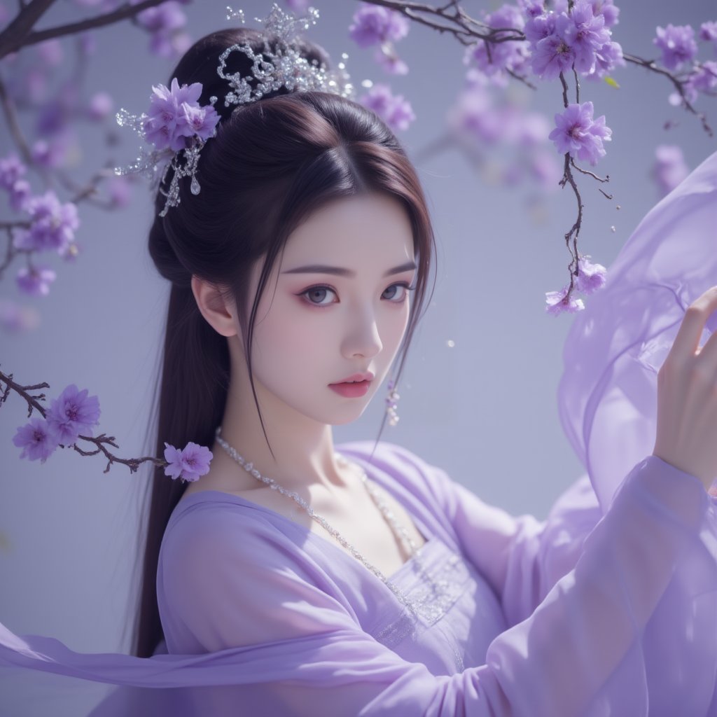 Photograph, ethereal woman in traditional Chinese attire, Tang dynasty, intricate hair ornaments, flowing lavender robes, delicate purple flowers, serene expression, soft lighting, delicate shadows, elegant and poised, ancient dynasty ambiance, delicate and mystical atmosphere.<lora:极品超模V8_2.0:0.8>