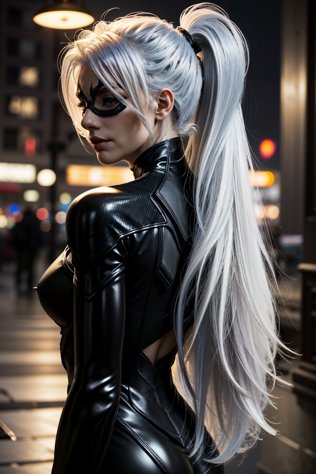 ((ultra detailed, masterpiece, absurdres)) <lora:SpiderBlackCat:0.9>SpiderBlackCat, 1girl, white hair, long hair, mask, Back turned with a contemplative mood