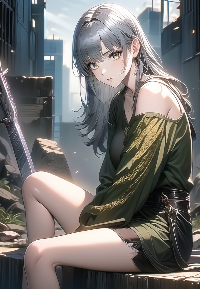 (best quality), ((masterpiece)), (highres), illustration, original, extremely detailed,1girl, solo, sitting, long hair, looking at viewer, weapon, sword, off shoulder, jacket, bangs, outdoors, closed mouth, yellow eyes, grey hair, ruins, green eyes, feet out of frame, bare legs, bare shoulders, hand between legs