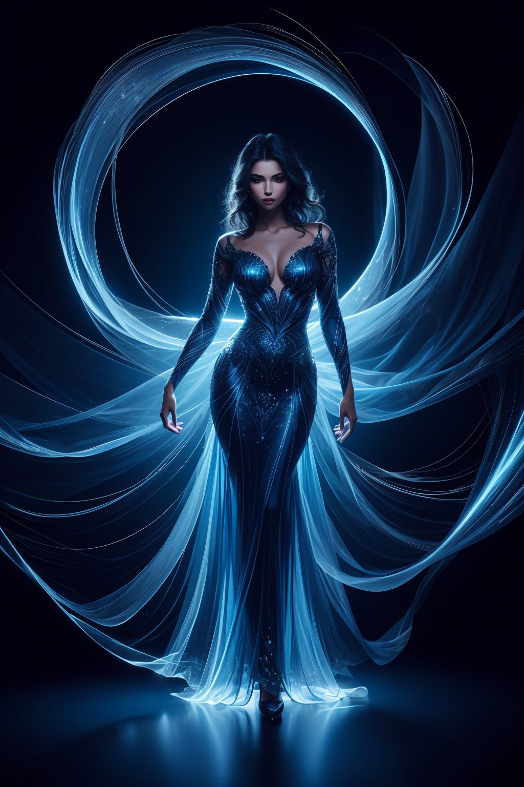 Best quality, hyper-high detail, very high res, image of a woman in blue luminescence, flowing blue lines, bzwaves, dark background, reflection, glowing, ethereal blue waves, illuminating the dark, brightcolors, full body, (flowing gown of blue light), Solo,Perfect body shape,Black eyes, Black hair to the shoulders, (blue theme), Beautiful eyes, shiny skin, Shiny hair, weaving light, (detailed and beautiful shiny clothes)(dynamicposes:1.3)<lora:EMS-306342-EMS:0.800000>