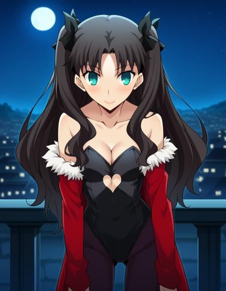 score_9, score_8_up, score_7_up, source_anime, rintohsaka, <lora:rin-tohsaka-ubw-ponyxl-lora-nochekaiser:1>, rin tohsaka, aqua eyes, black hair, hair ribbon, long hair, ribbon, sidelocks, two side up, parted bangs,, <lora:morrigan-aensland-cosplay-ponyxl-lora-nochekaiser:1>, morriganaenslandcosplay,head wings, lipstick, makeup, animal print, bat print, bat wings, black leotard, cleavage, clothing cutout, demon girl, fur trim, fur-trimmed leotard, heart cutout, leotard, low wings, pantyhose, print pantyhose, purple pantyhose, wings, bare shoulders, collarbone,, outdoors, cityscape, night, moon, bent over, smile, blush,, cowboy shot, dutch angle,