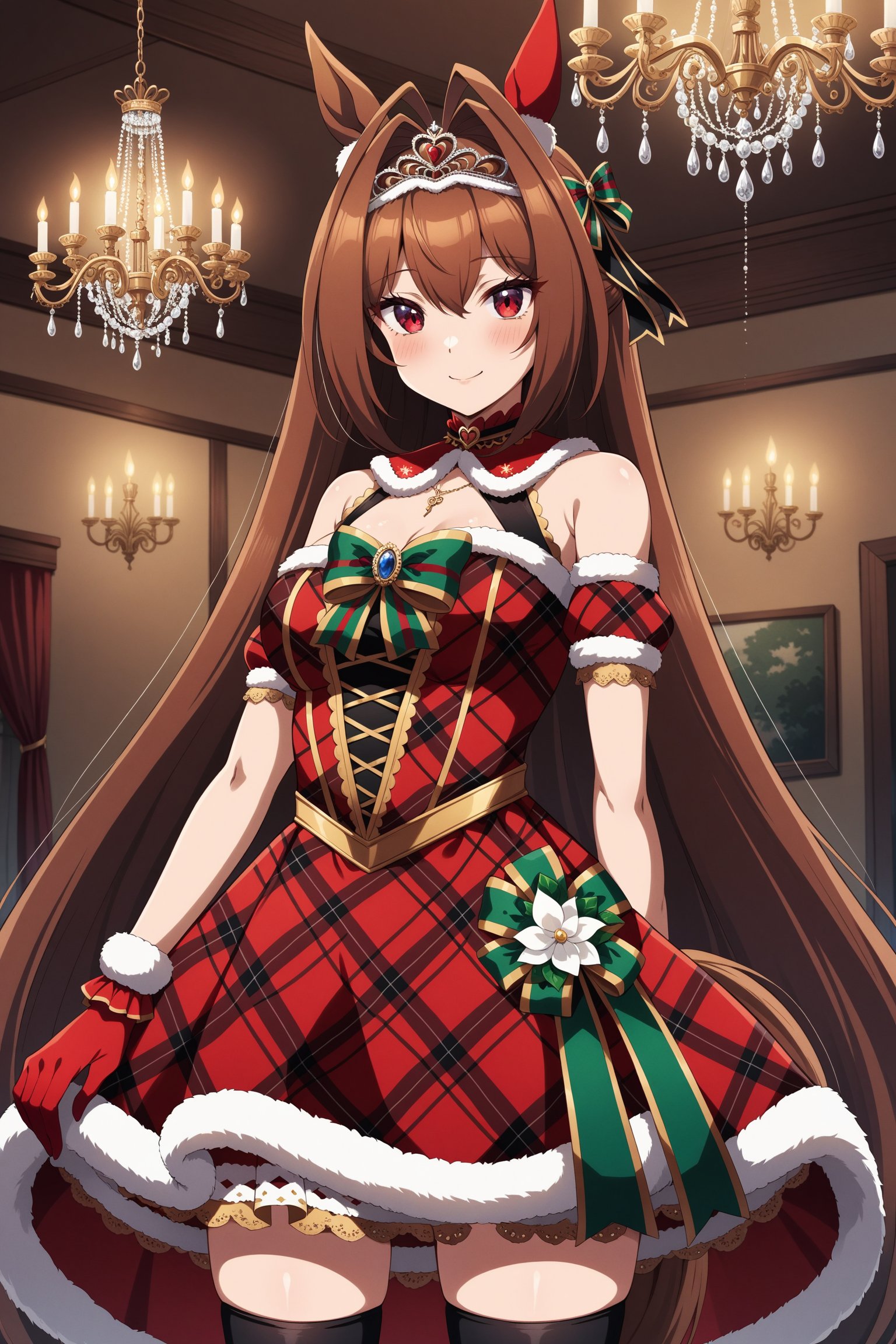 (masterpiece, best quality, very aesthetic, ultra detailed), intricate details, 4k, anime style, bbdaiwa, long hair, hair ribbon, animal ears, ear covers, tiara, horse tail, bare shoulders, fur trim, green bowtie, plaid dress, red dress, green bow, detached sleeves, red gloves, black thighhighs, <lora:daiwa_scalet_XL_v1:0.9>, standing, cowboy shot, smile, indoors, chandelier, 