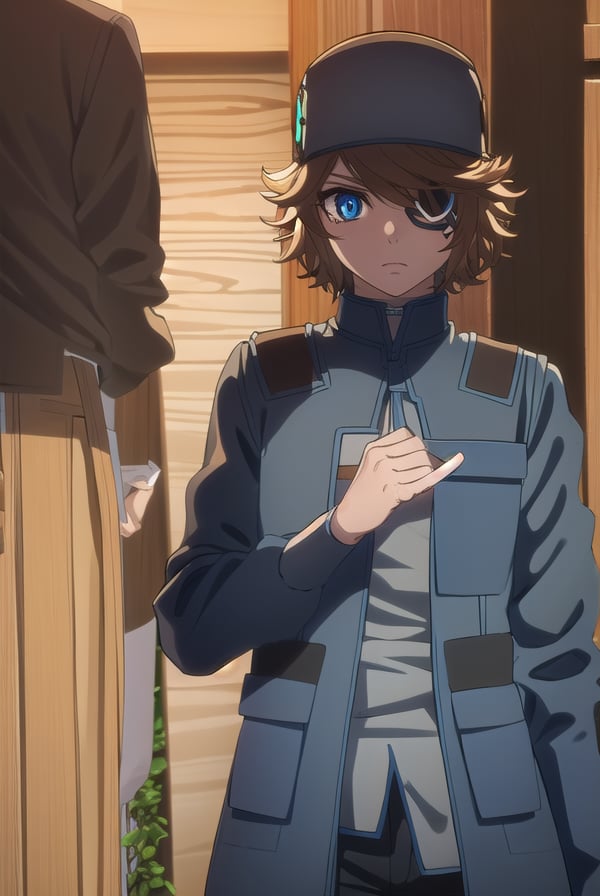 akudamahacker, <lora:akudama hacker s1-lora-nochekaiser:1>,hacker, blue eyes, brown hair, male focus, (eyepatch:1.5),BREAK shirt, hat, jacket, pants, brown pants, green jacket,BREAK outdoors, city,BREAK looking at viewer, (cowboy shot:1.5),BREAK <lyco:GoodHands-beta2:1>, (masterpiece:1.2), best quality, high resolution, unity 8k wallpaper, (illustration:0.8), (beautiful detailed eyes:1.6), extremely detailed face, perfect lighting, extremely detailed CG, (perfect hands, perfect anatomy),