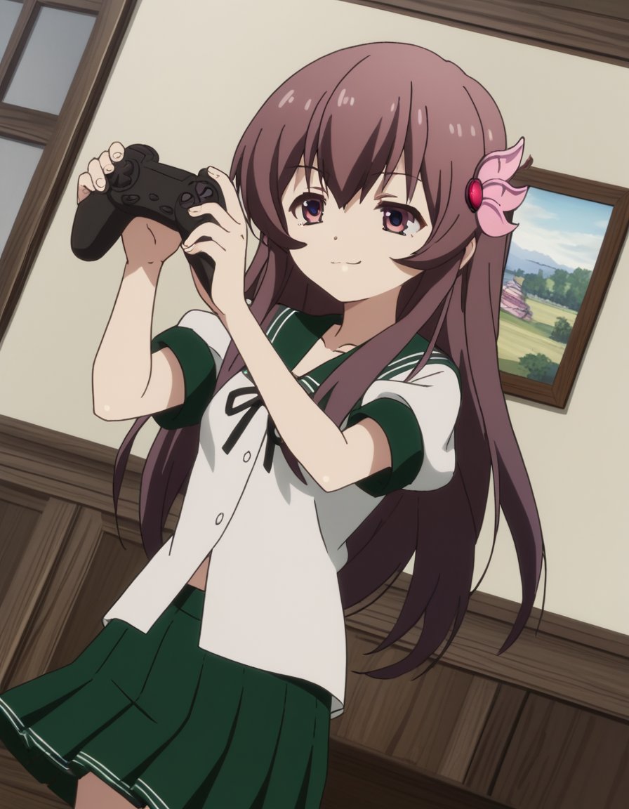 score_9, score_8_up, score_7_up, source_anime, <lora:kancolle-kisaragi-s1-ponyxl-lora-nochekaiser:1>, kisaragi, long hair, brown hair, hair ornament, brown eyes, purple eyes, kisaragi (kancolle), skirt, school uniform, short sleeves, pleated skirt, serafuku, green skirt,, living room, video game, controller, competitive, fun, afternoon, , , smug, solo,, cowboy shot, dutch angle