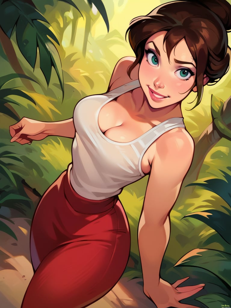 score_9, score_8_up, score_7_up, score_6_up, JanePorterXLP in a the jungle, white tank top, red skirt, cleavage, curvy, medium breasts, narrow waist, wide hips, thick thighs, looking at viewer, dynamic angle, cowboy shot, cartoon, dynamic pose, light smile, vegetation, realistic, hair bun, from above, finger on lips, <lora:JanePorterXLP_Character:1>