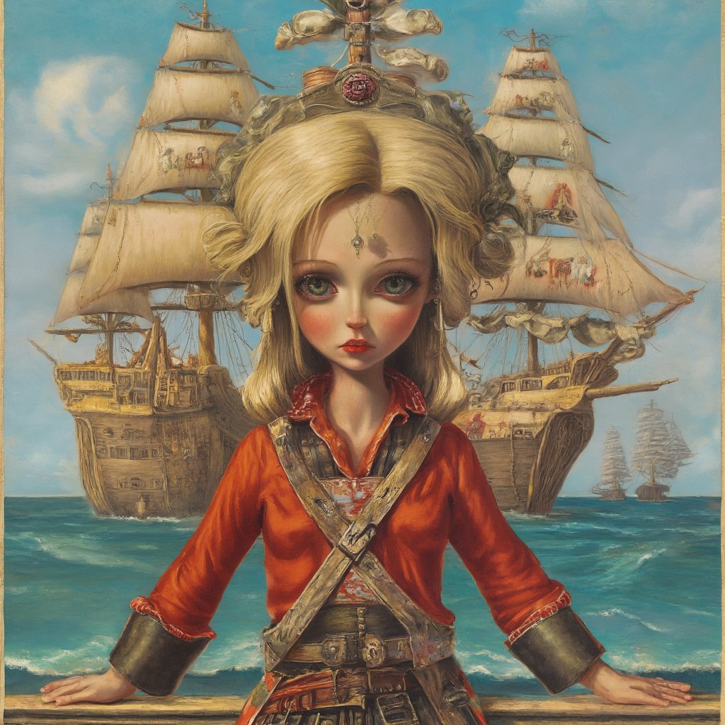 A beautiful blonde woman standing in front of a pirate ship., surreal, lowbrow art style