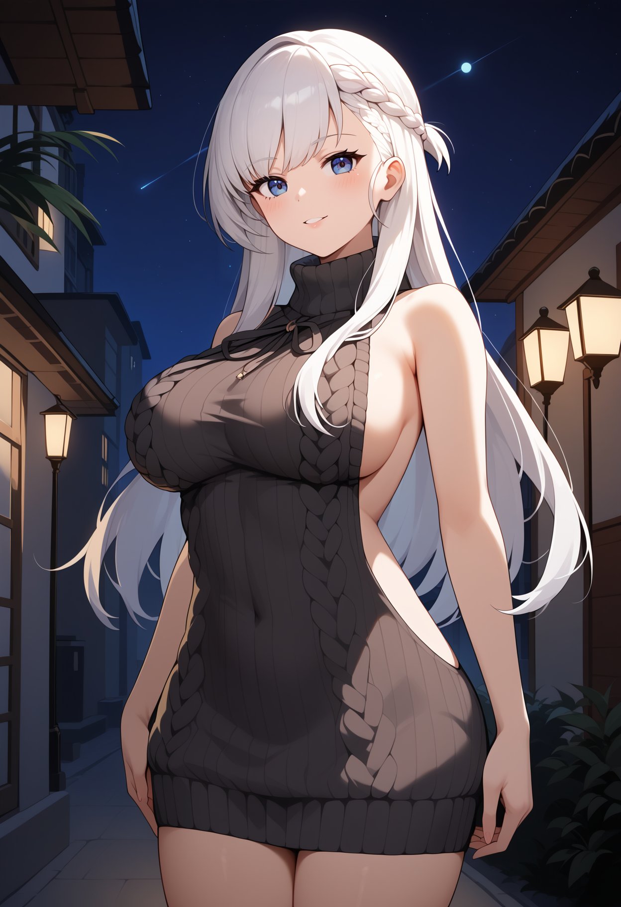 score_9, score_8_up, score_7_up, score_6_up, score_5_up, score_4_up, source_anime, aabelfast, long hair, french braid, <lora:belfast_(azur_lane)_ponyxl_1:0.9>, sweater dress, ribbed sweater, virgin killer sweater, turtleneck, sleeveless, bare arms, outdoors, standing, night, street