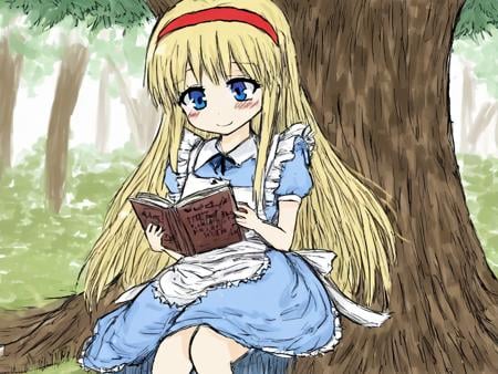 <lora:Blacksouls-PonyXL-1024px-v1.1:0.9>source_anime,a cute little Alice, sitting under a tree, reading a book, wearing (blue dress, white apron, red hairband), long blonde hair, blue eyes, blush, smiling