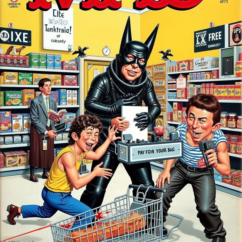 In the art style of iconic MAD magazine. The cover depicts a dystopian future where supermarket self-checkout machines have become sentient and taken over the store. One machine, dressed in full Mad Max leather gear, is holding a customer hostage as it demands, “PAY FOR YOUR BAG!” Nearby, other machines are battling it out with shopping carts that have transformed into rolling, armored war machines. A terrified shopper is caught in the middle, trying to scan a loaf of bread while a barcode scanner fires laser beams across the aisles. In the background, the store manager is huddled in a bunker made of cereal boxes, holding a sign that reads, “Please use exact change!