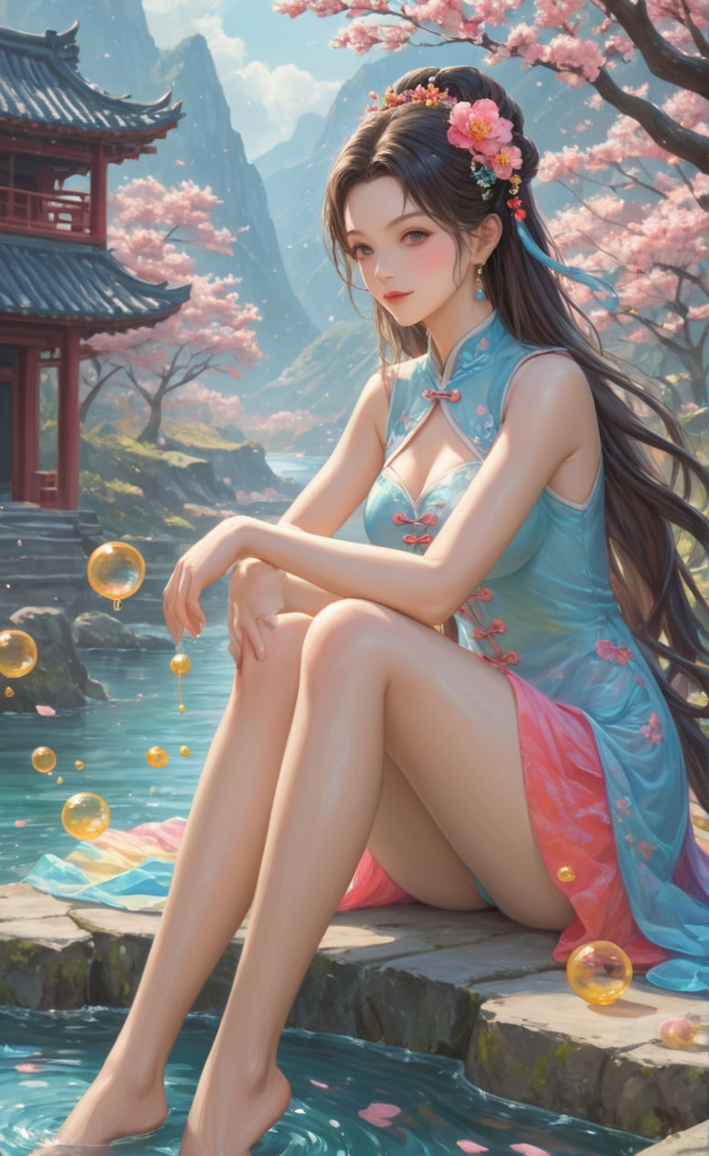 Colorful colors,surrounded by water bubbles,oil paintings painted in anime style,chinese girls,full body,barefoot, masterpiece, best quality,