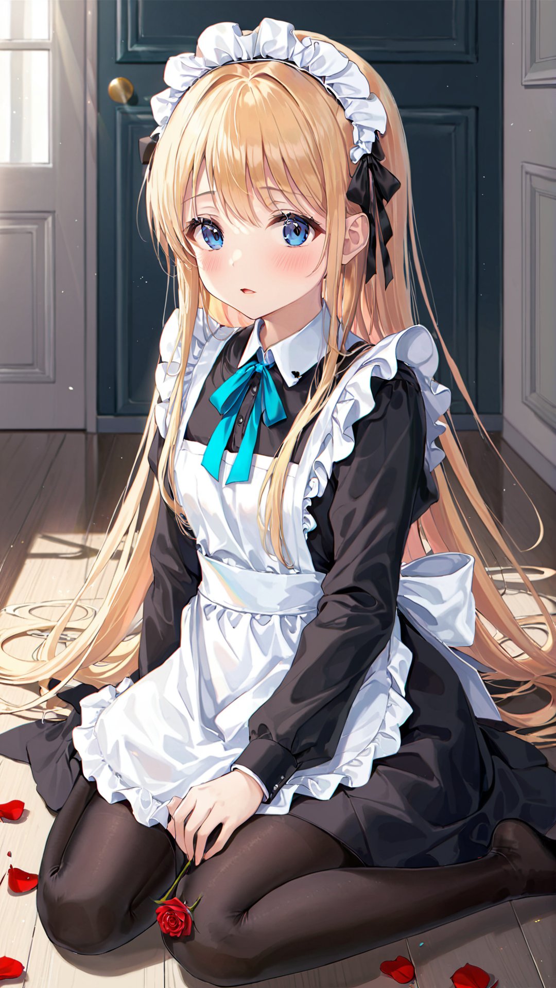 artist(roha), roha, , 1girl, solo, long hair, maid, rose, flower, apron, blonde hair, maid headdress, looking at viewer, maid apron, sitting, blush, dress, petals, red flower, pantyhose, long sleeves, rose petals, bangs, red rose, frills, black pantyhose, blue eyes, white apron, black dress, very long hair, parted lips, neck ribbon, black ribbon, on floor, indoors, ribbon, frilled apron