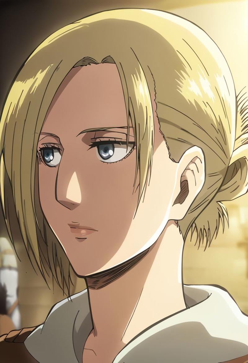 1girl, Annie Leonhart, Attack on Titan, 1girl, Blonde hair, Blue eyes, beautiful face, beautiful eyes, looking to the right, 