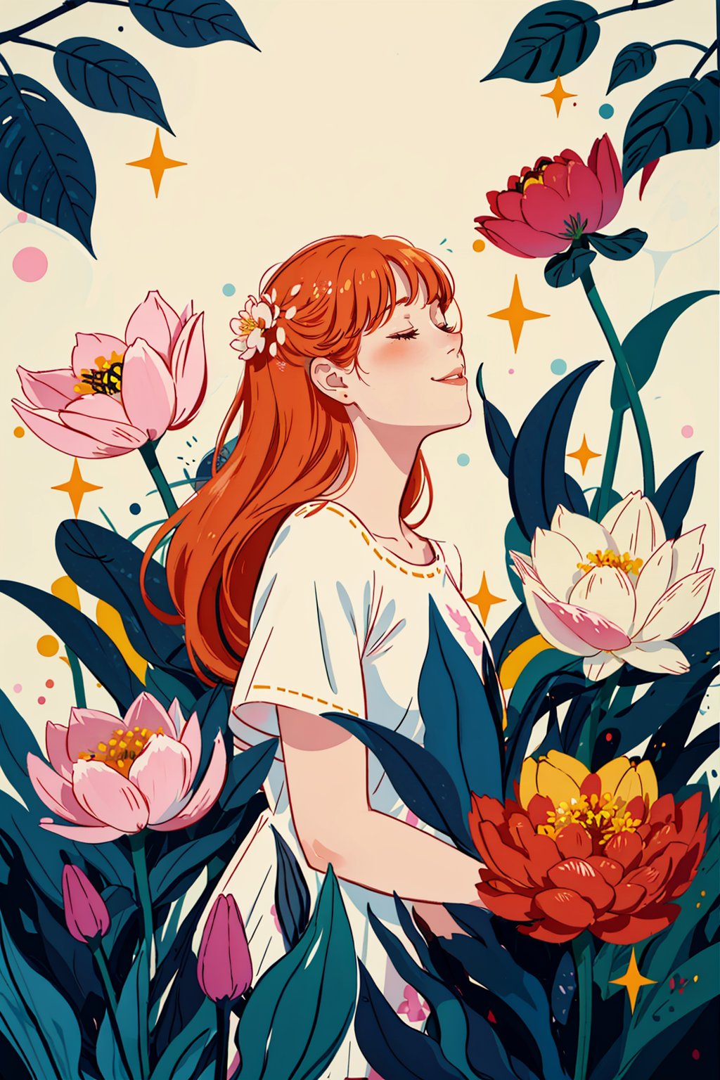 TT, 1girl, flower, solo, closed eyes, leaf, plant, profile, pink flower, long hair, sparkle, upper body, smile, hands up, red flower, white flower, orange hair, tulip, short sleeves