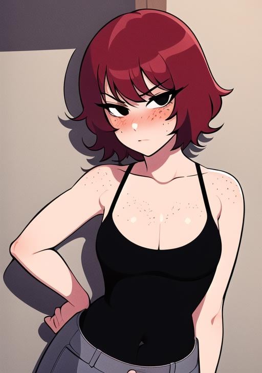 kim_pine, 1girl, solo, looking_at_viewer, blush, short_hair, bangs,navel, collarbone, red_hair, cowboy_shot, black_eyes, shadow, arms_behind_back, freckles, cleft_of_venus, locker , <lora:KimPine:0.9>