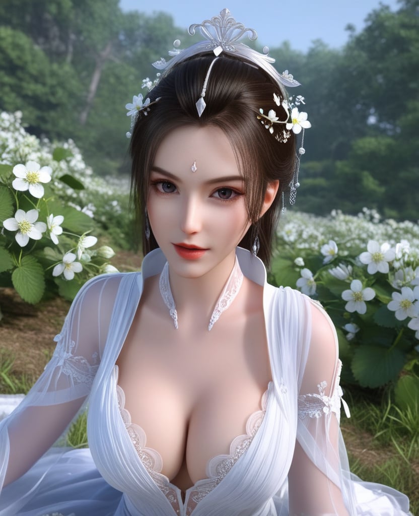 <lora:612-DA-XL-少年白马醉春风-玥瑶:0.8>(,1girl, ,best quality, ),looking at viewer,masterpiece, (( , )),ultra realistic 8k cg, ,    ,cleavage,strawberry blossoms,lace , (cleavage), (),