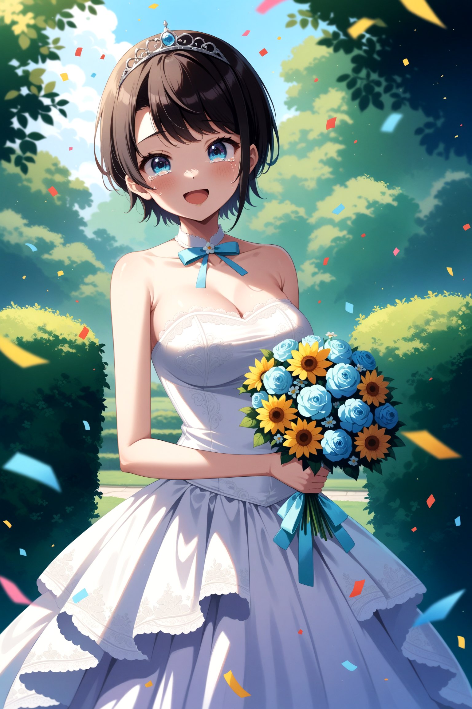 (masterpiece, best quality, very aesthetic, ultra detailed), intricate details, 4k, anime style, aasubaru, short hair, breasts, <lora:oozora_subaru_XL_v1:0.9>, wedding dress, white dress, smile, strapless, open mouth, garden, holding bouquet, tiara, tears, cowboy shot, confetti,