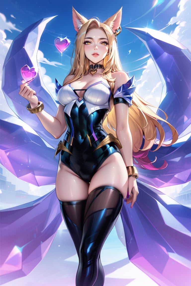 (Masterpiece), mature, HDR,UHD,8K, best quality, Highly detailed, physically-based rendering, extreme detail description, perfect skin, shiny skin, shiny hair,perfect face, 1girl, kda1, blonde hair, yellow eyes, thighighs, facial mark, animal ears, tail, choker,Ahri, K/DA Ahri, bare shoulders, arm straps,LeagueOfLegendsAhri, long hair, bracelet, jewelery, heart choker, multiple tails, idol, cleavagefox ears, earrings,black leotard, white top, high thighhighs, magenta tail, ((black thighhighs)),ahri, black stockings, gloveless, bare hands<lora:EMS-335737-EMS:0.600000>, <lora:EMS-388761-EMS:0.100000>, <lora:EMS-418655-EMS:0.800000>