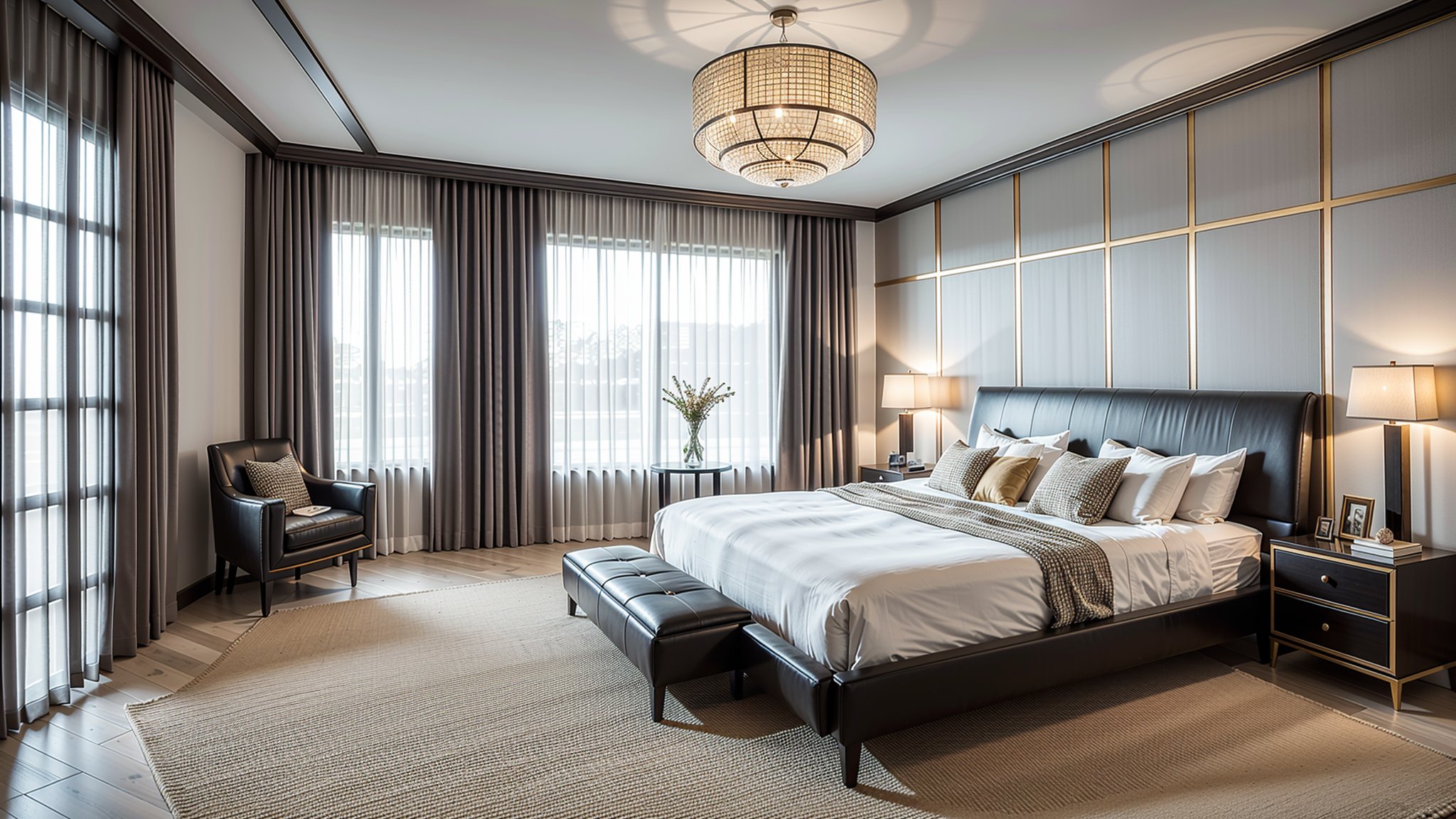 in the night, nice lighting, luxury interior, white leather bed,tufted carpet,bronze wall lights, large glass window with gray drapes, natural light, 4k, realistic