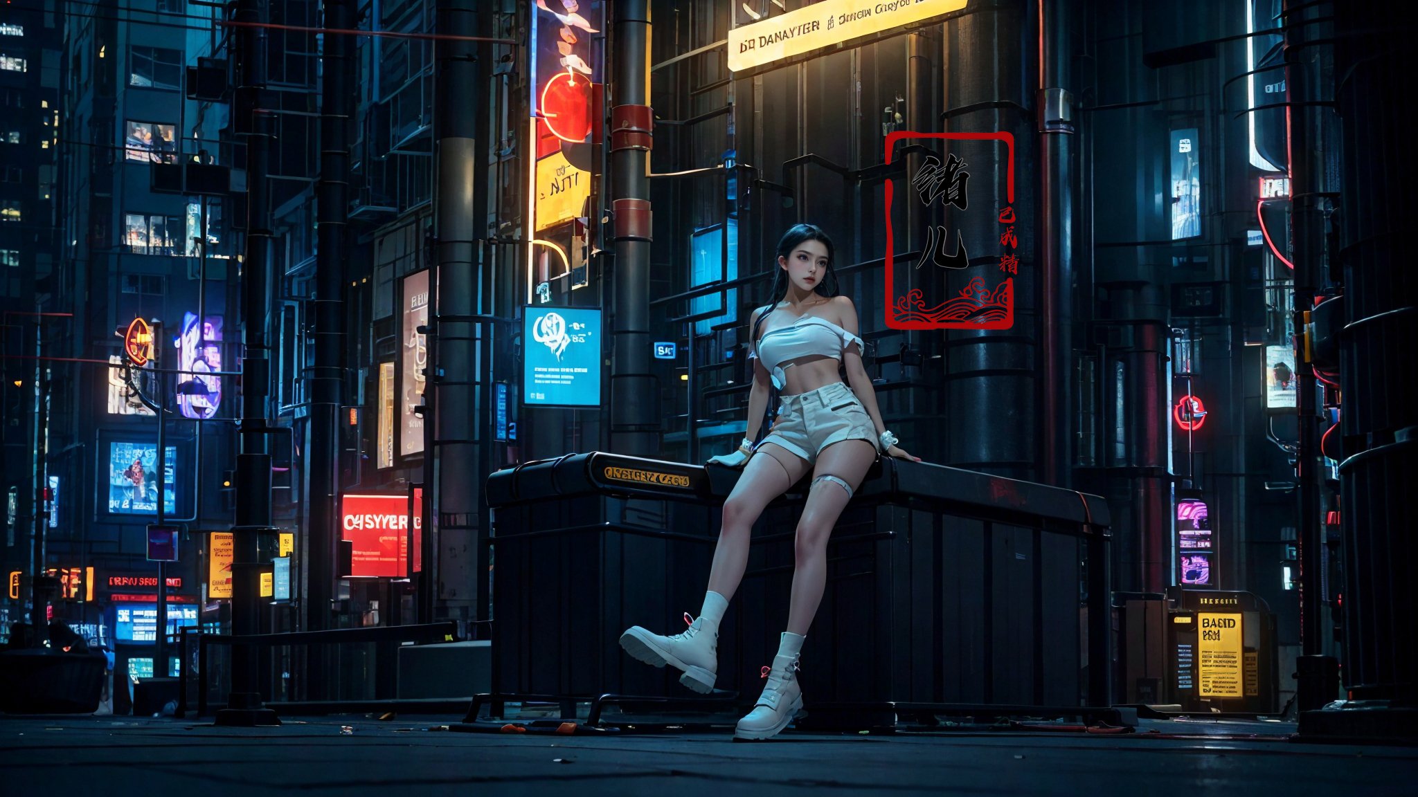 (dramatic, gritty, intense:1.4),masterpiece, best quality, 32k uhd,  hyper quality, Masterpiece,  (science cyber:1.4)，(glow, light pollution:1.3)，1girl, cyberpunk, solo, science fiction, city, neon lights, sitting, night, building, strapless, breasts, hologram, skyscraper, boots, long hair, cityscape, thighhighs, sky, black hair, scenery, white footwear，<lora:绪儿-赛博城市场景 science cyber:0.8>