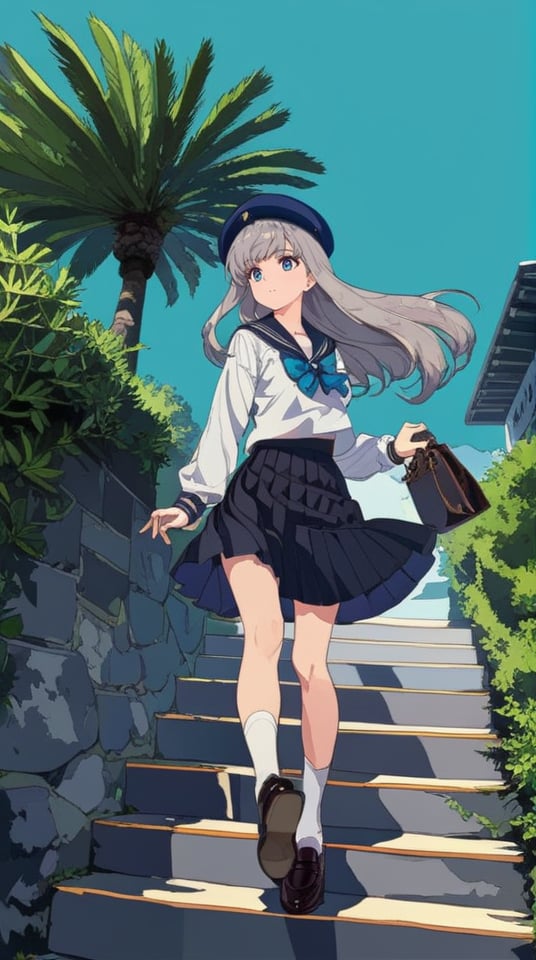 (best quality), ((masterpiece)), (highres), illustration, original, extremely detailed,  <lora:城静时光茶香美:0.7>1girl, solo, long hair, skirt, school uniform, stairs, bag, bow, walking, tree, plant, sailor collar, serafuku, blue bow, hat, holding, long sleeves, shirt, shoes, white socks, outdoors, socks, black skirt, blue eyes, holding bag, pleated skirt, blue bowtie, white shirt, bowtie, school bag, grey hair, black footwear, sky, blue headwear, looking back, briefcase, palm tree, loafers, day