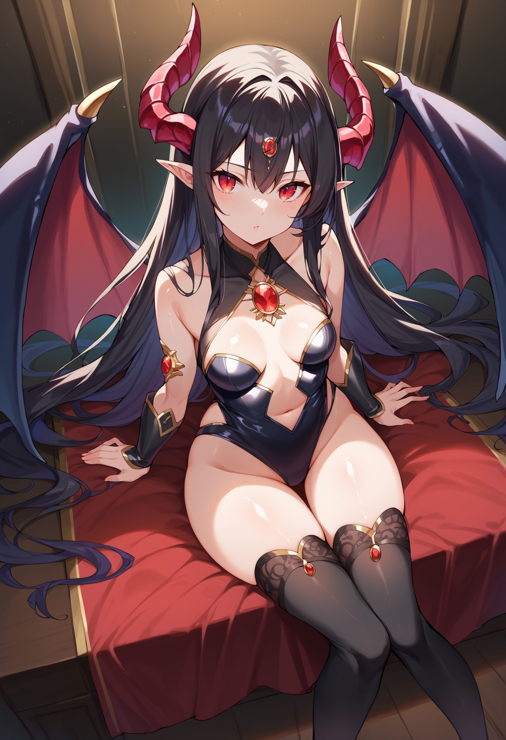 score_9, score_8_up, score_7_up, score_6_up, source anime,1girl, dragon girl, dragon wings, ruby gem, jewelry, curvy, volumetric lighting, low key, high contrast, dark room, furniture, indoors, vivid color, from above , sitting, black hair, thighhighs, long hair, small breasts, shiny skin, breasts apart, looking at viewer, masterpeice, best quality, very aesthetic, absurdres