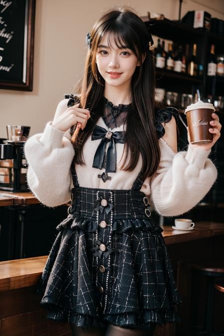 best quality, masterpiece, 1girl, solo, black hair, long hair, straight hair, looking at viewer, smile, standing, cowboy shot, dating attire, sweater, white sweater, bow sweater, shoulder cutout, skirt, buttons skirt, suspender skirt, pantyhose, in cafe, coffee, people, detailed background, <lora:dating_attire_style8_v1:0.7>, <lora:Background Detail Enhanced_Si_v3.0:1.5>