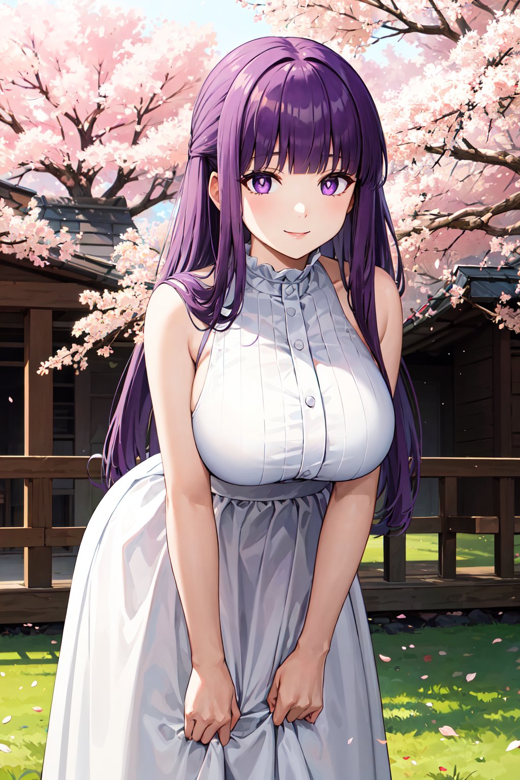 masterpiece, best quality, highres, aafern, long hair, purple hair, blunt bangs, purple eyes, large breasts, long dress, white dress, sleeveless, <lora:fern_(sousou_no_frieren)_v1:0.7>, standing, cowboy shot, smile, leaning forward, cherry blossoms, outdoors