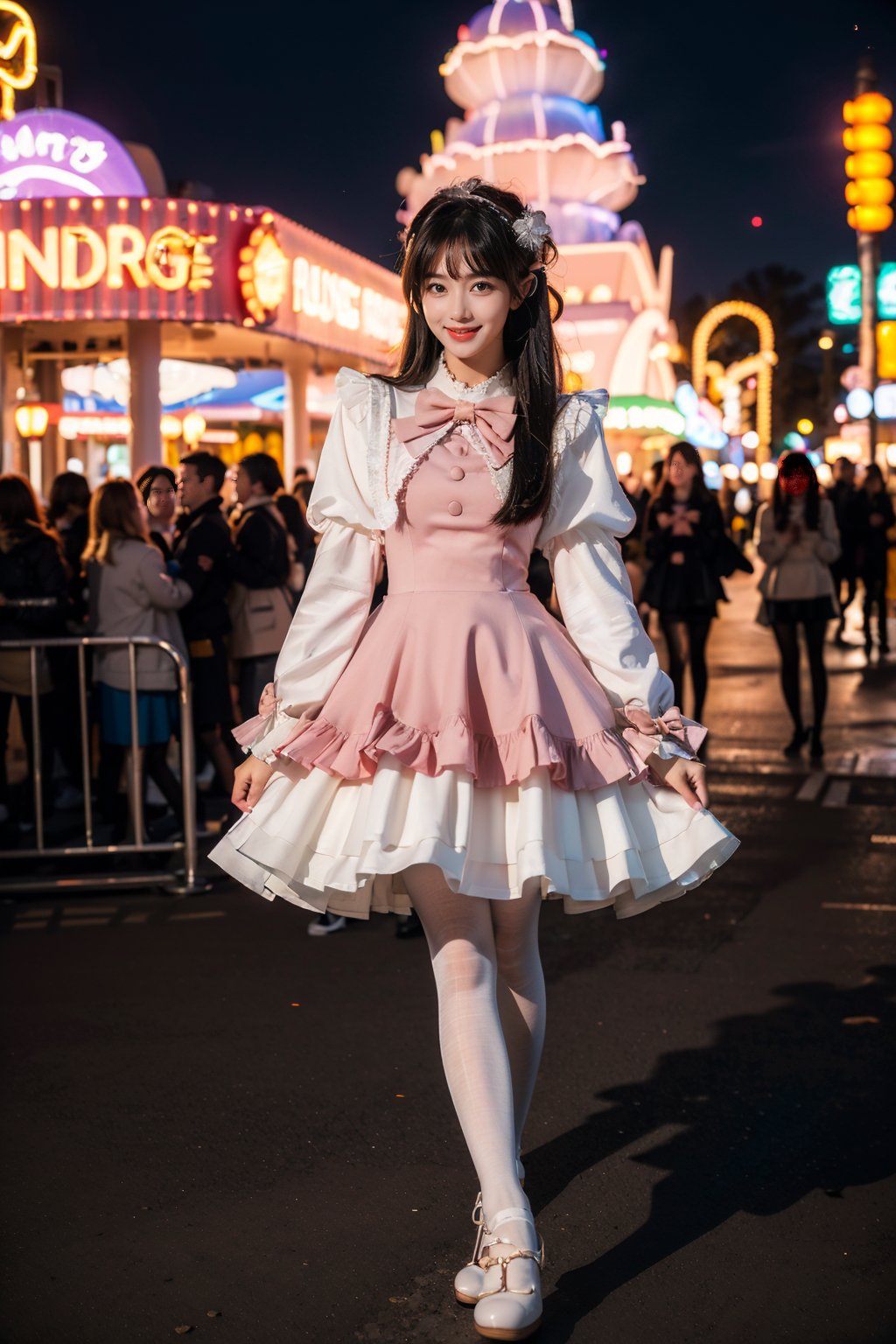 best quality, masterpiece, photorealistic, 1girl, solo, long straight black hair, blunt bangs, looking at viewer, full body, cyb dress, pink dress, long sleeves, puffy long sleeves, bow, (white pantyhose:1.4), mary janes, amusement park, people, colorful, neon light, <lora:cute_dress_style1_v1:0.7>