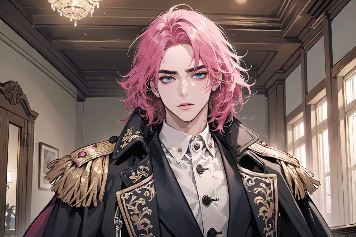 1man, mature, (((Fuchsia hair))), ((thick eyebrows)), ((Medium score)), To reveal the forehead, ((Split head)), ((messy hair)), ((wavy curly hair)), short hair, blue eyes, mature, handsome, angular jaw, thick neck, serious, ready for battle, jacket, upper body, male focus, uniform, (Frock Coat:1.3), long sleeve, by Raphael, masterpiece, upper body shot, magnificent indoor hall<lora:EMS-2636-EMS:0.400000>, <lora:EMS-271187-EMS:0.200000>