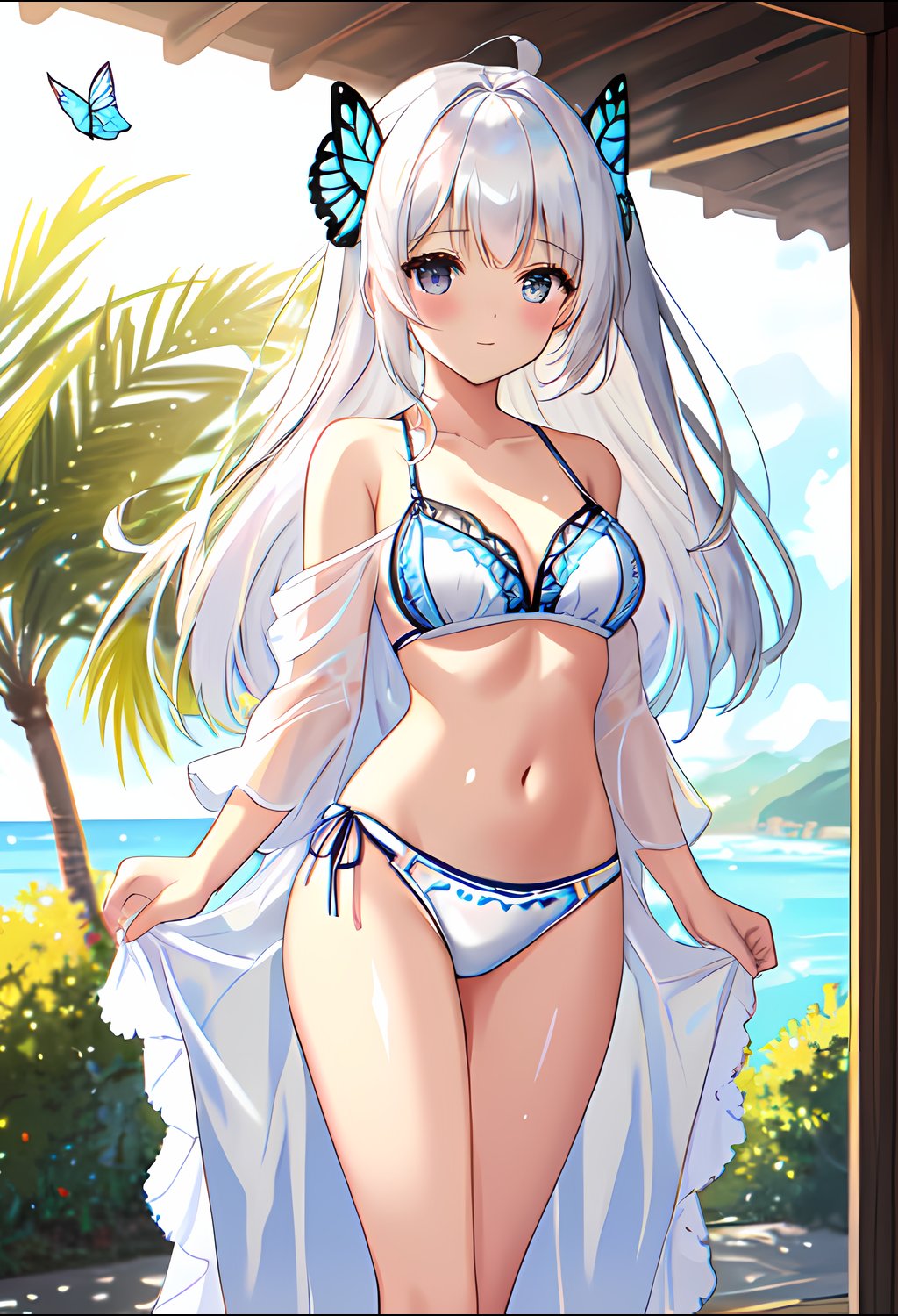 solo, girl, looking at viewer, half body, view from knees up, standing, standing straight, girl in full view, best quality, masterpiece, close up, white hair, butterfly, swimwear, swim suit, two piece, robe cover up, hands behind back, hands hidden, <lora:Butterfly_clothing:1>  