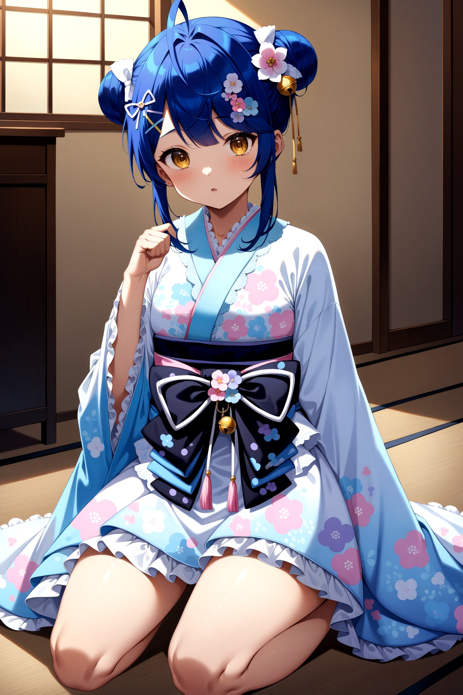 (masterpiece, best quality, very aesthetic, ultra detailed), intricate details, anime style, 4k, bbmya, short hair, ahoge, double bun, hair ribbon, hair bow, hair flower, hair bell, x hair ornament, floral print, japanese clothes, frilled kimono, wide sleeves, sleeves past wrists, sash, obi, <lora:amamiya_kokoro_xl(anima)_v1:0.9>, indoors, kneeling