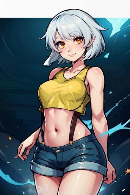 ((masterpiece,best quality)), absurdres, <lora:anby_demara:0.6>,  curvy, medium breasts, wide hips,   anby demara, orange eyes, short hair, white hair,     <lora:Misty_Pokemon_Cosplay_v3:0.8>,  misty (pokemon) (cosplay), yellow crop top, suspenders, denim shorts, tight shorts, collarbone,  solo, smile, looking at viewer, cowboy shot,