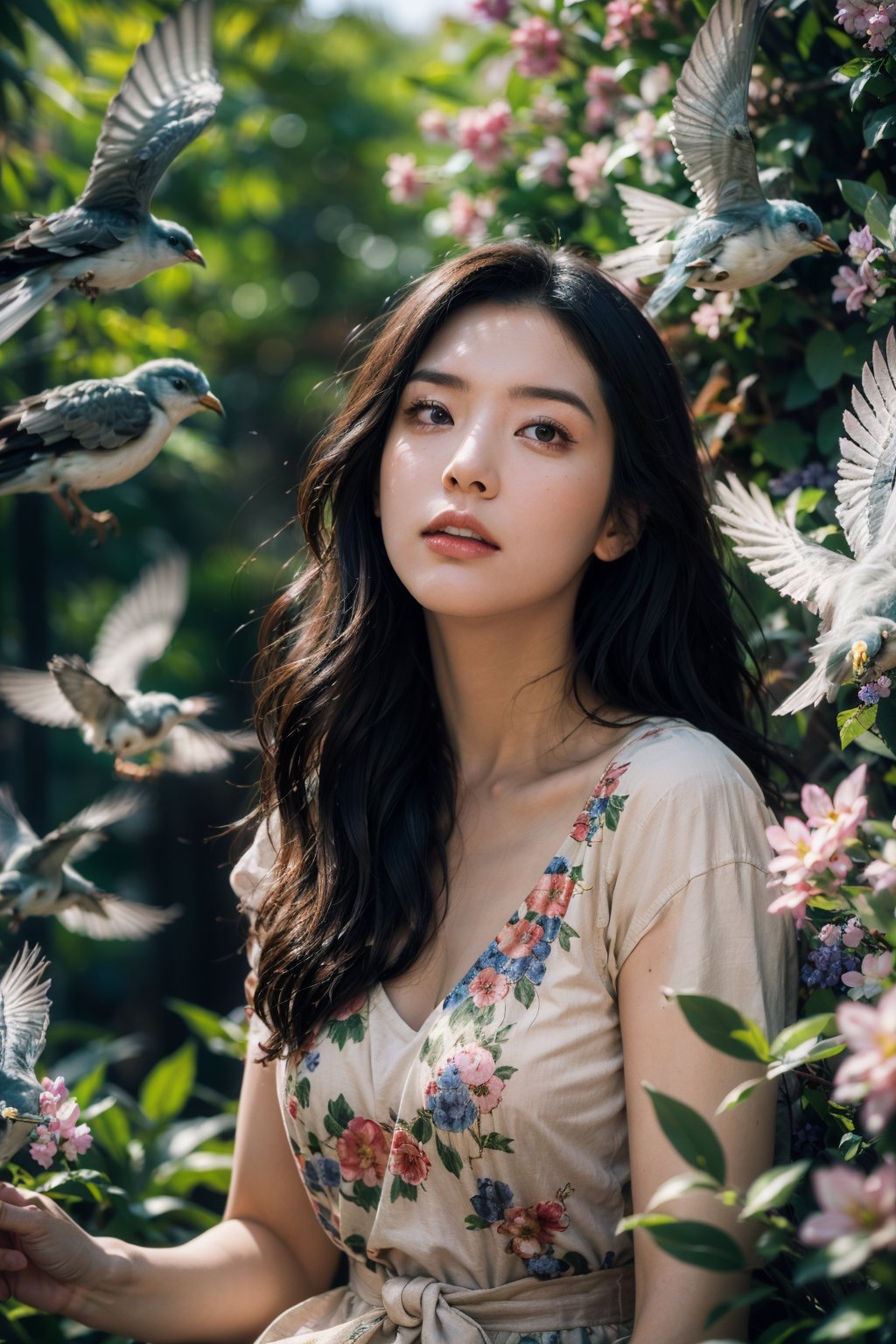 Surrealist photography, upper body, 1 girl, long curly hair, dynamic posture, Petina Hicks, realistic characters, light blue Andy, birds, colorful flowers, surrounded by birds, masterpiece, detailed details, depth of field