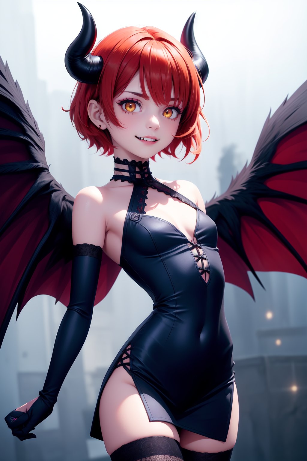 1 girl, 18yo, (((small black devil horns))), ((large angel wings)):1.5, (((black wings))):1.8, decent makeup, perfect face, young looking face, perfect eyes, decent eyes shadow, perfect body, slim body, small breasts, cleavage, underboob, glowing eyes, (yellow eyes), (short hair), (extreme red hair:1.5), shiny hair, ((dark blue dress)), (((center opening dress, laced slit, cross-laced clothes))), background night sky with stars, cowboy shot, demonic grin, (masterpiece:1.2), (best quality:1.2), newest, ai-generated, ultra-detailed, best shadow, detailed background, high contrast, (best illumination, an extremely delicate and beautiful), ((cinematic light)), hyper detail, dramatic light, intricate details, 8k, anime, very aesthetic, thighhighs, elbow gloves, breasts apart, navel, detached sleeves, center opening,