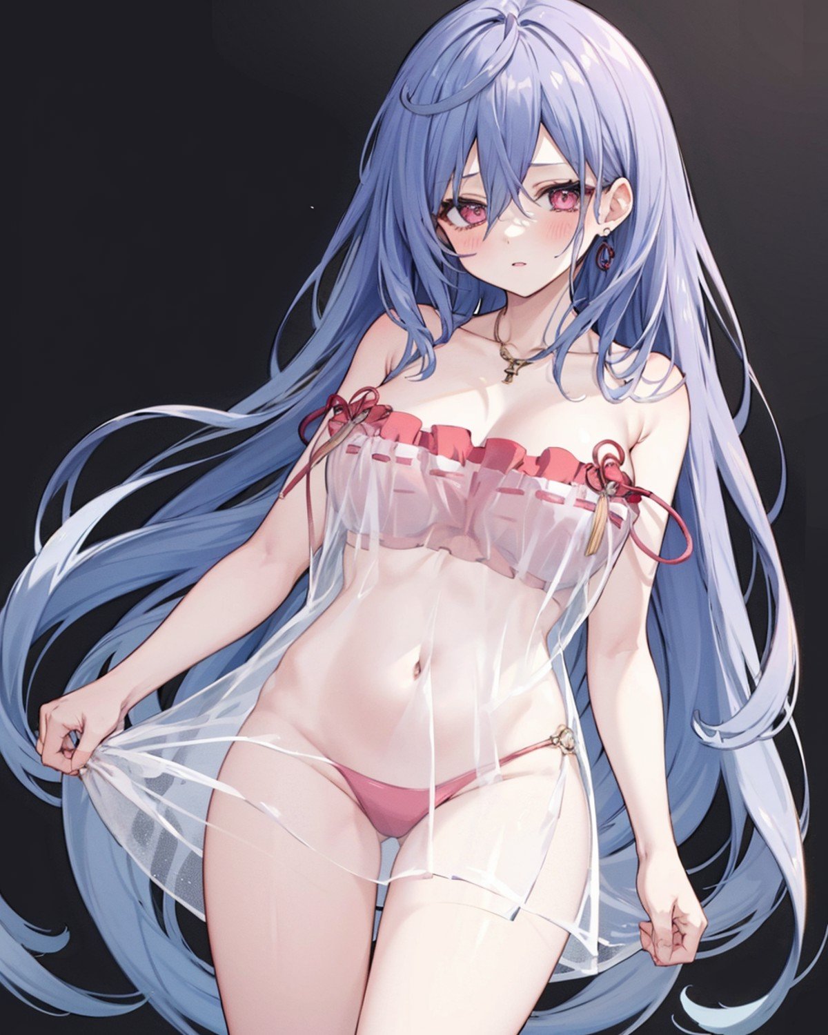 1girl, solo,, large breasts,  see-through dress, strap slip,  blush, <lora:SeeThroughDressOfNagato:1>, very long hair, mature female,  <lora:IrisHeart:0.75>,irisx, thighs, standing,